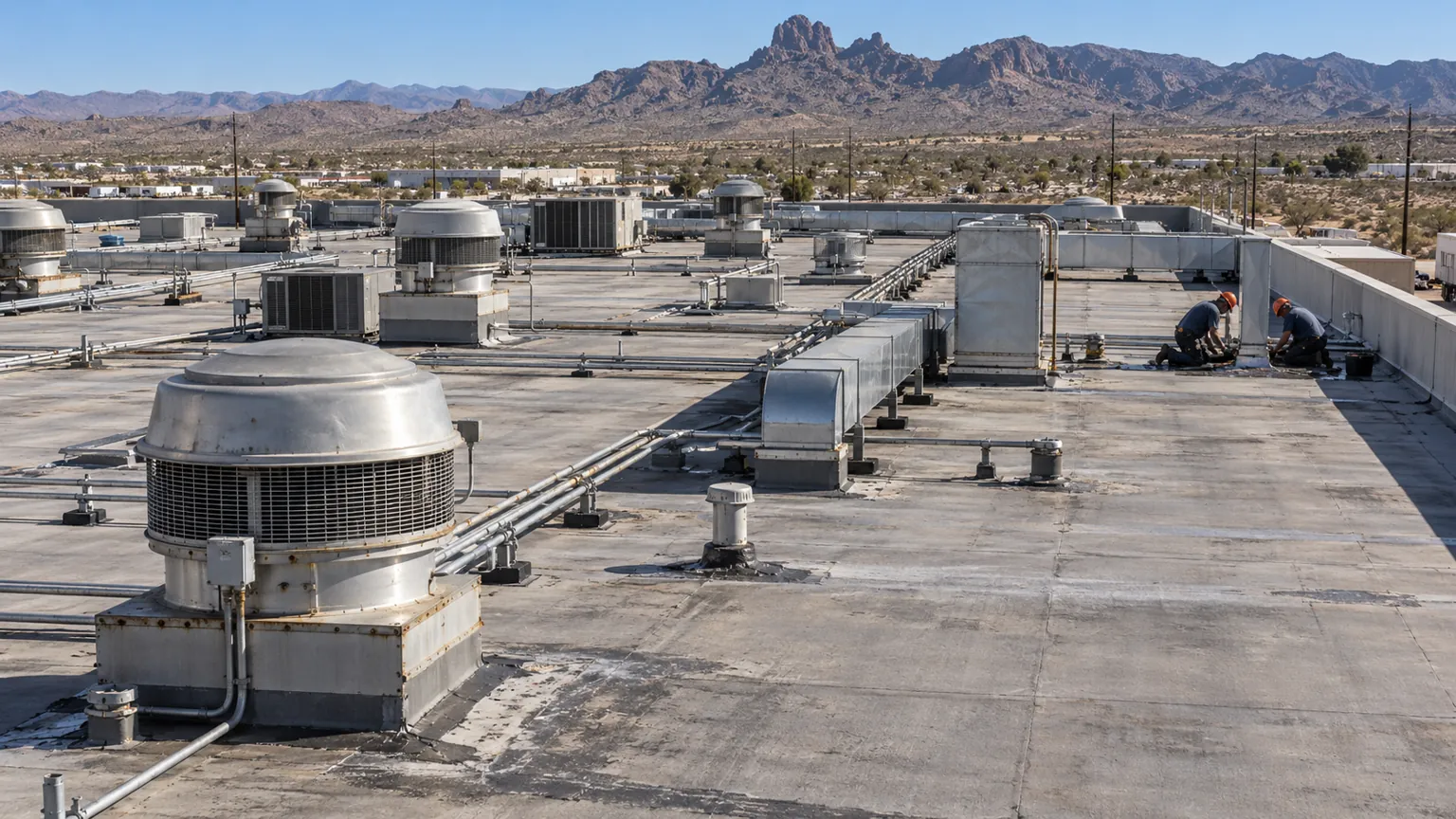 Industrial flat roof with a large exhaust fan on a curb, ductwork, and conduit